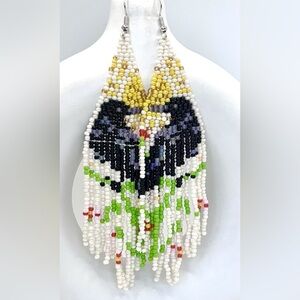Black Raven Spring Flowering Tree Branch Hand Beaded Tassel Dangle Earrings New